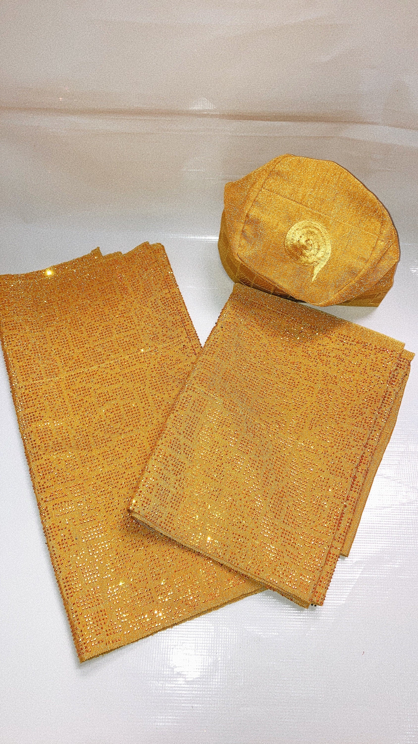 Nigerian traditional wedding Aso Oke mustard gold Embellished Asooke ready to wear aso Oke head tie ipele n cap